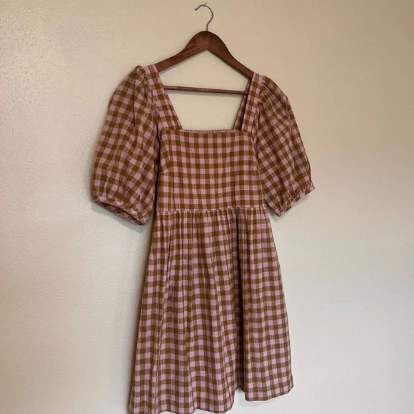 Madewell Pink and Olive Green Gingham Plaid Mini Babydoll Puff Sleeve Dress - Picture 3 of 9